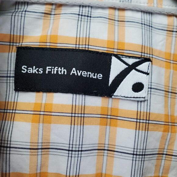 Saks Fifth Avenue Shirt Mens Large Yellow Plaid Button-Up Long Sleeve Cotton - Picture 2 of 9